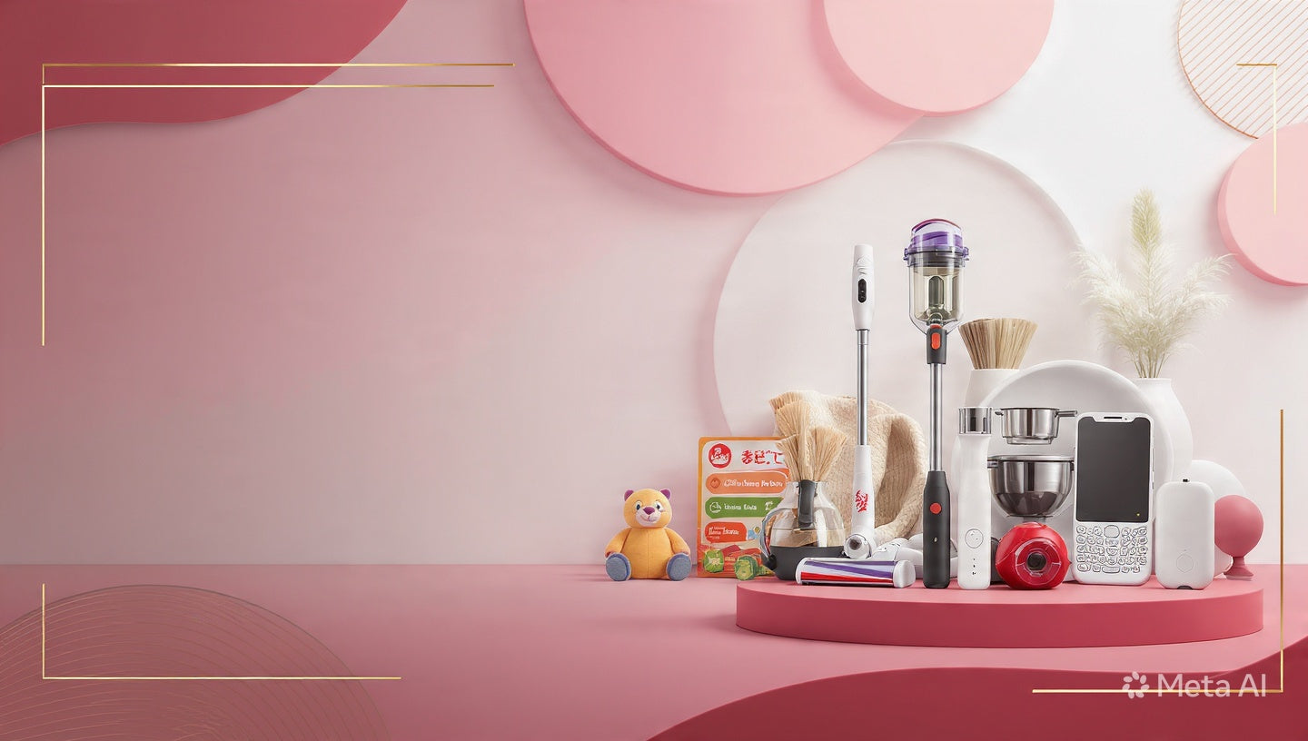 Premium hero banner for Lurota featuring smart gadgets, kitchen essentials, car accessories and kids toys on a luxury soft white background with maroon and gold accents